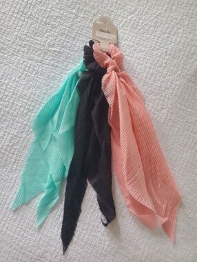 Natasha Couture Pleated Scarf Scrunchie Trio - Mint, Black & Peach